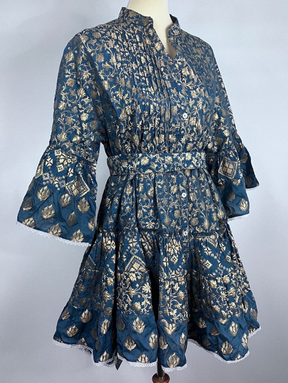 Pep's Cannes Versailles Mini Dress Jacquard Blue Teal Gold Belt Pleated Ruffled